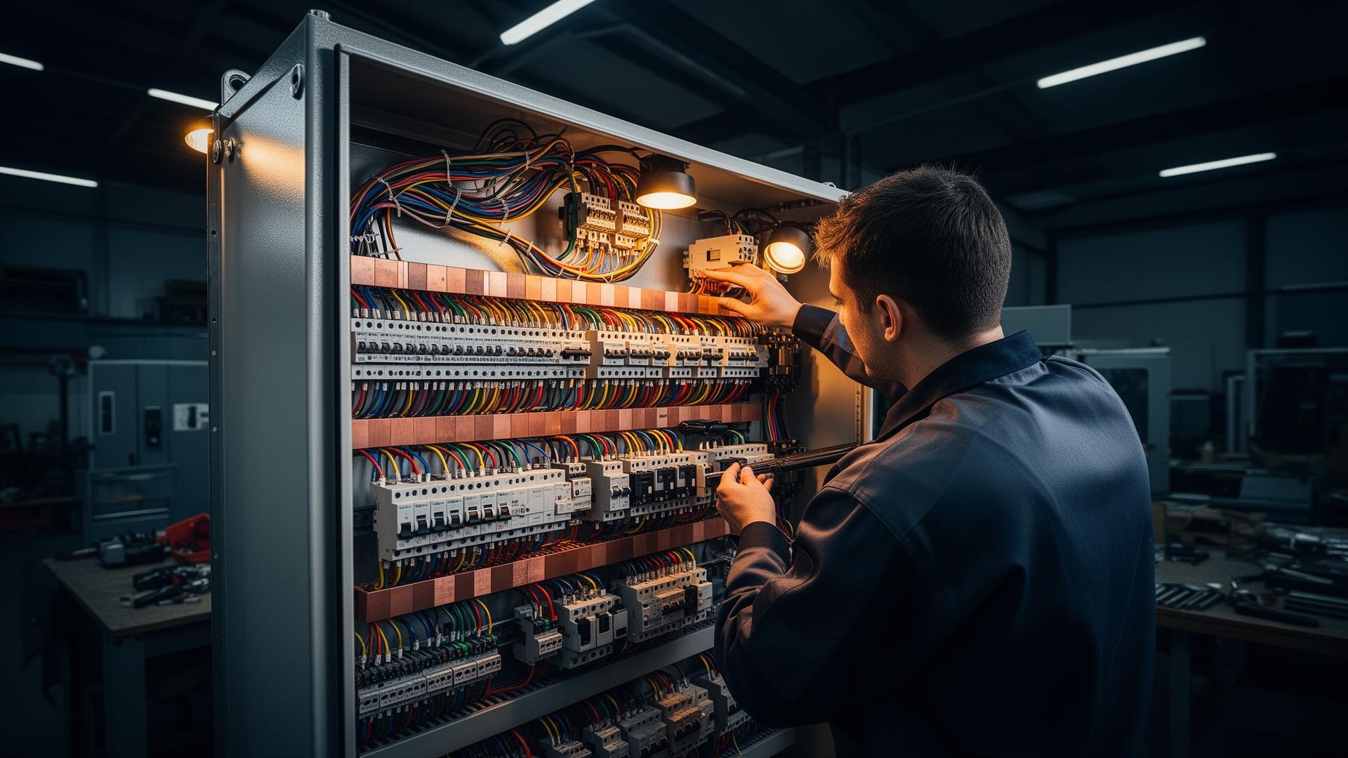 Teknisi merakit panel listrik industri